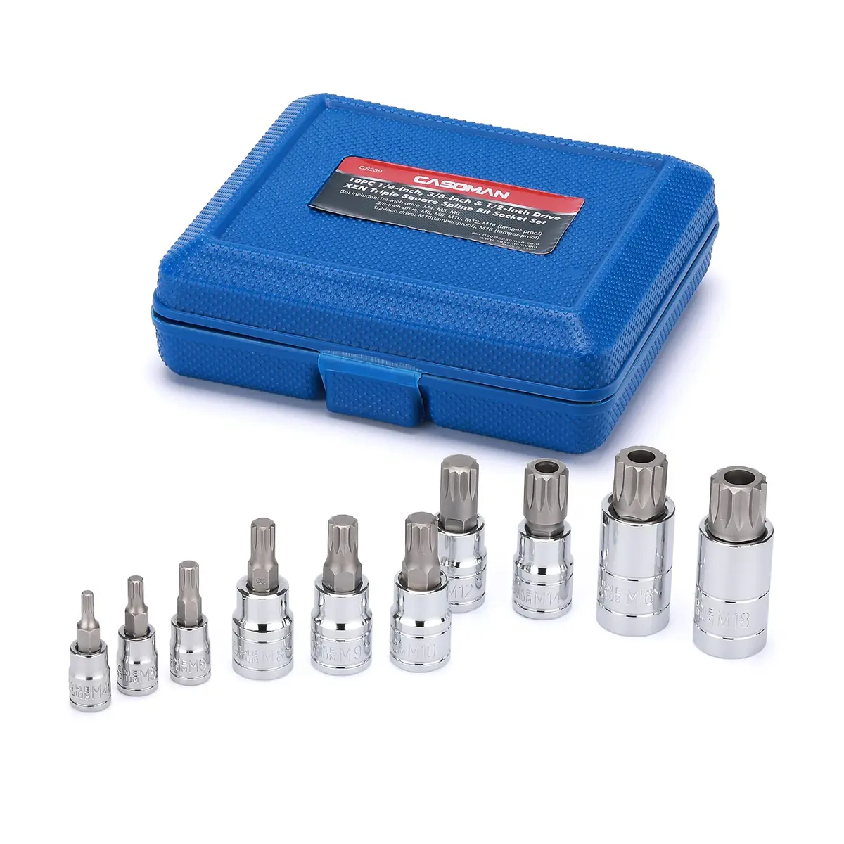 CASOMAN 10PCS 1/4-Inch, 3/8-Inch & 1/2-Inch Drive XZN Triple Square Spline Bit Socket Set, M4-M18, 12 Point Tamper Proof, Cr-V Sockets and S2 Steel Bits | Heavy Duty Alloy Steel - view 2