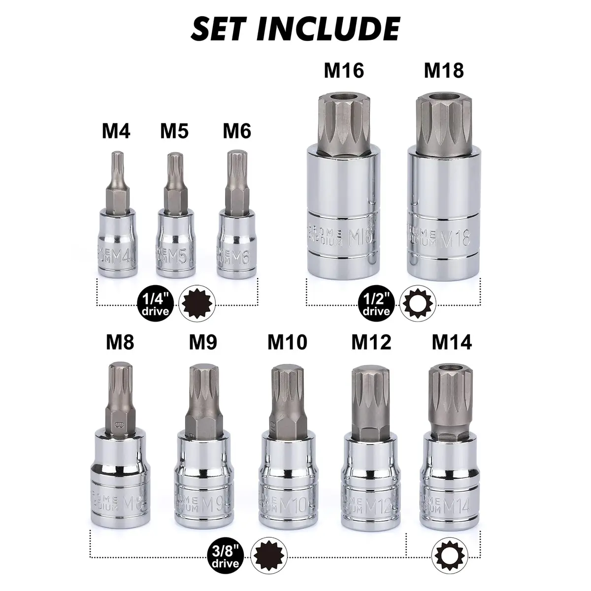 CASOMAN 10PCS 1/4-Inch, 3/8-Inch & 1/2-Inch Drive XZN Triple Square Spline Bit Socket Set, M4-M18, 12 Point Tamper Proof, Cr-V Sockets and S2 Steel Bits | Heavy Duty Alloy Steel - view 3