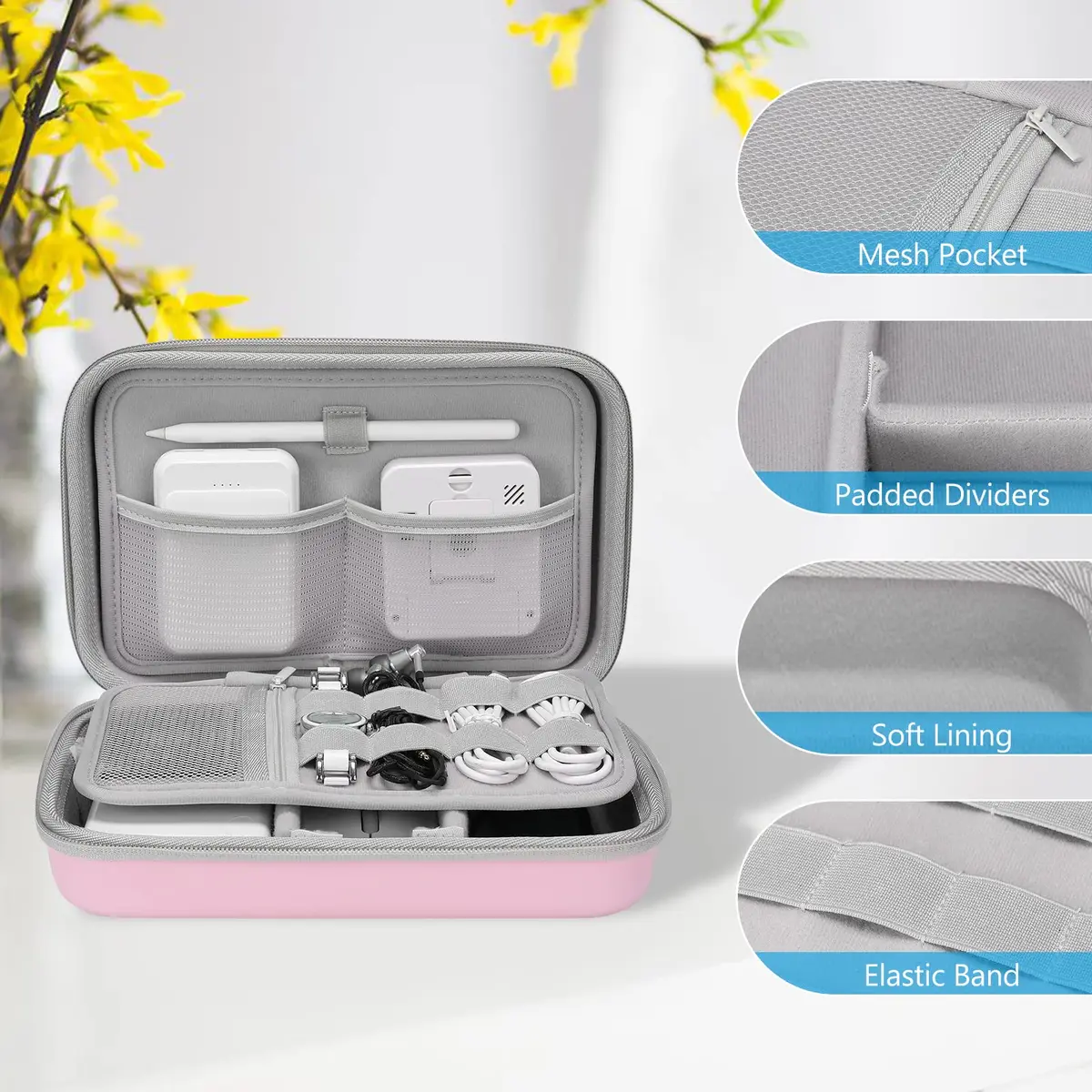 ProCase Hard Travel Electronic Organizer Case for MacBook Chargers Cables Power Bank Apple Magic Mouse Apple Pencil USB Flash Disk SD Card Portable Accessories Bag - Rosegold, L (24.99cm x 16cm x 6.5cm) - view 5