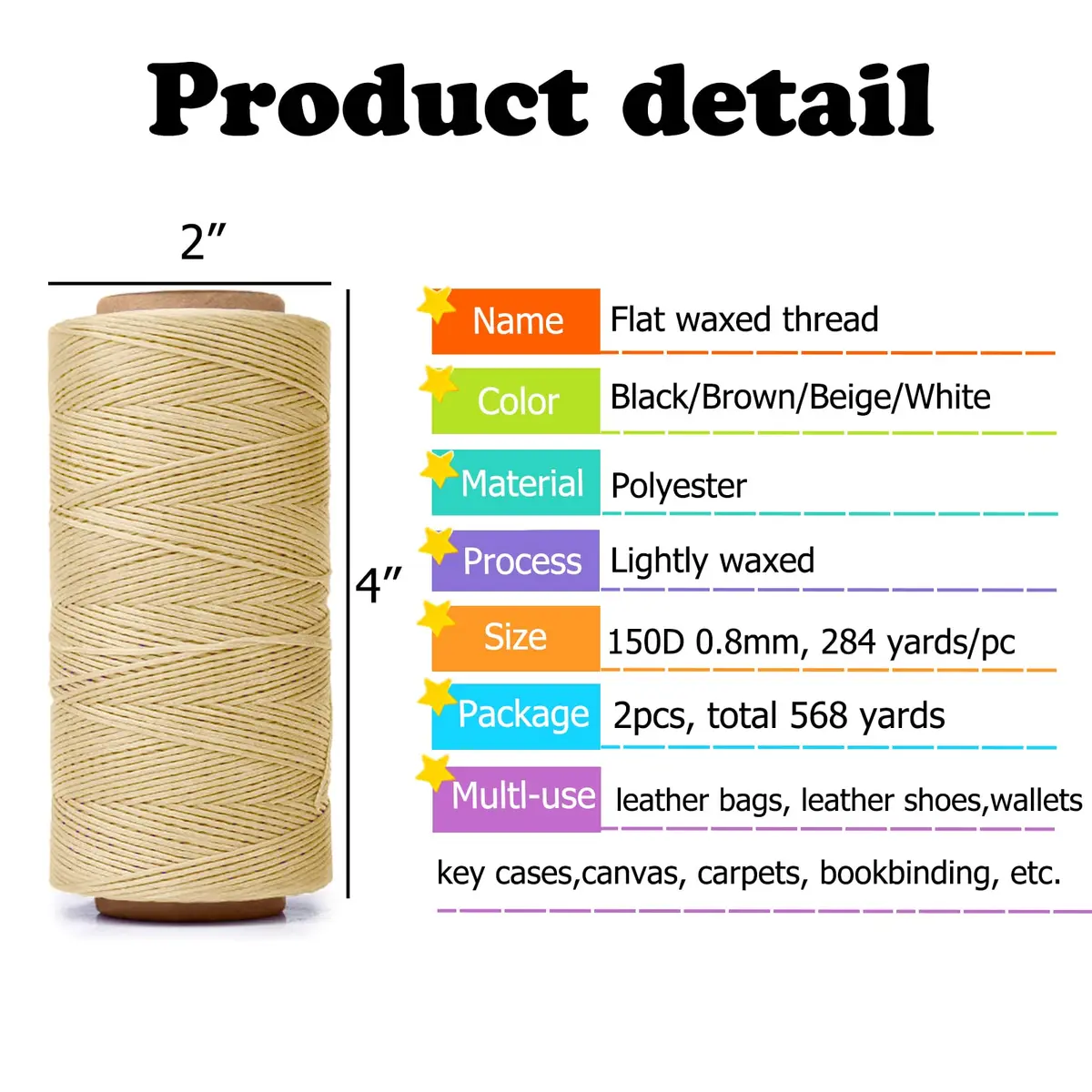 HILELIFE 568 Yards Waxed Thread for Leather Sewing, 150D 0.8mm (Beige) | Strong & Durable Leather Thread - view 3