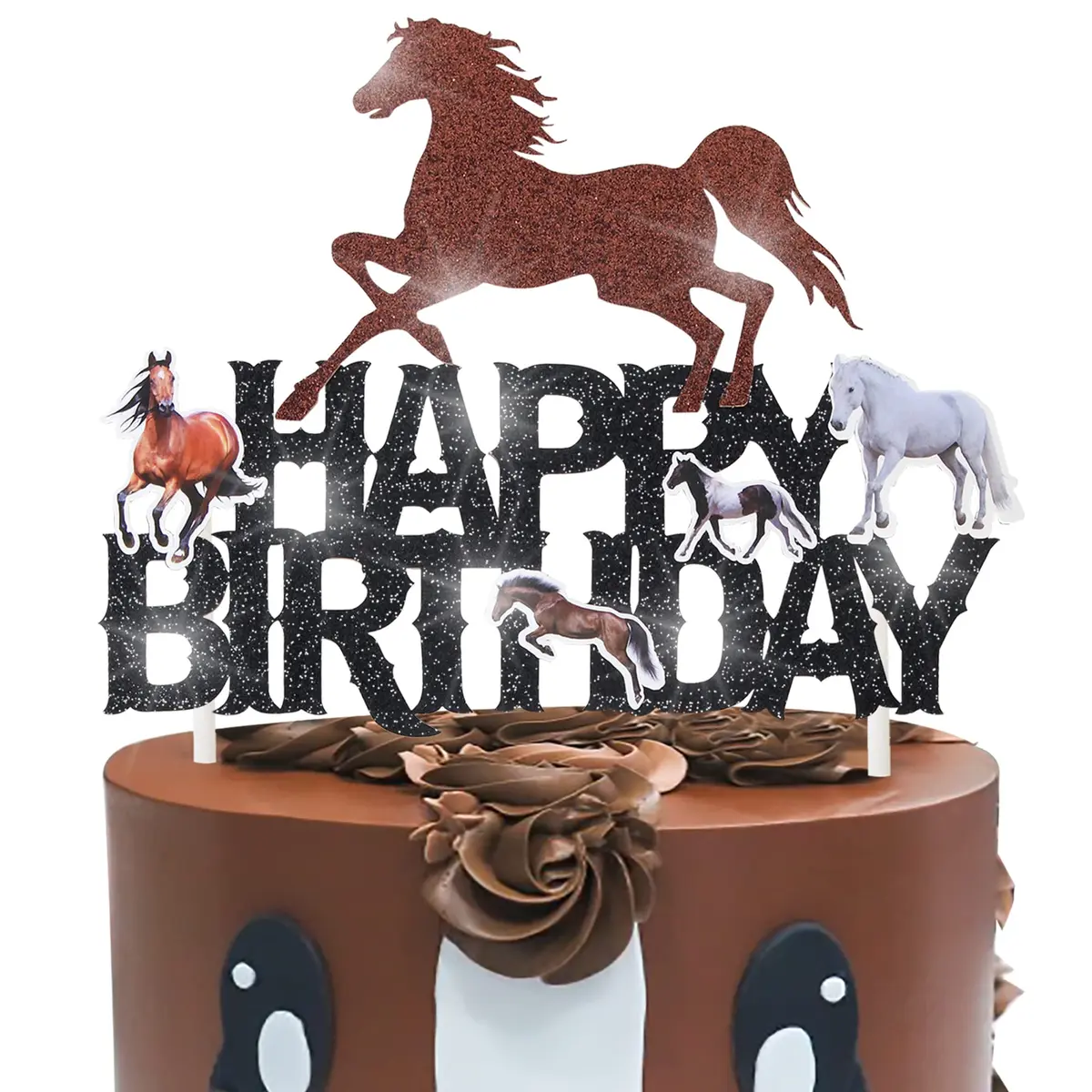 umoni Horse Happy Birthday Cake Topper Horse Racing Party Glitter Cake Decoration 7.8in x 6.1in | Horse Theme Celebration - main product image