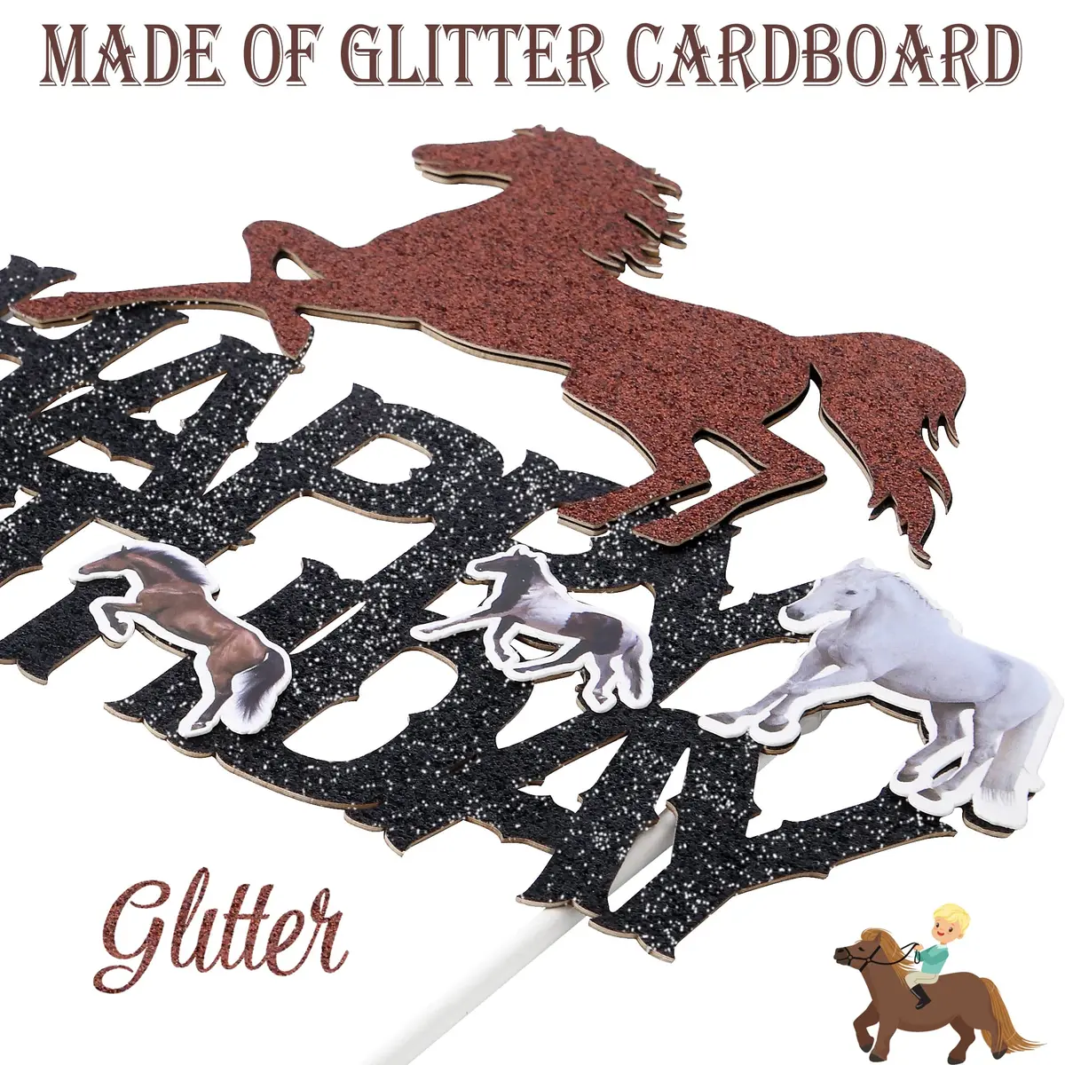 umoni Horse Happy Birthday Cake Topper Horse Racing Party Glitter Cake Decoration 7.8in x 6.1in | Horse Theme Celebration - view 2
