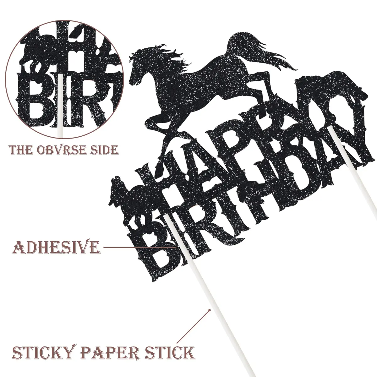 umoni Horse Happy Birthday Cake Topper Horse Racing Party Glitter Cake Decoration 7.8in x 6.1in | Horse Theme Celebration - view 3