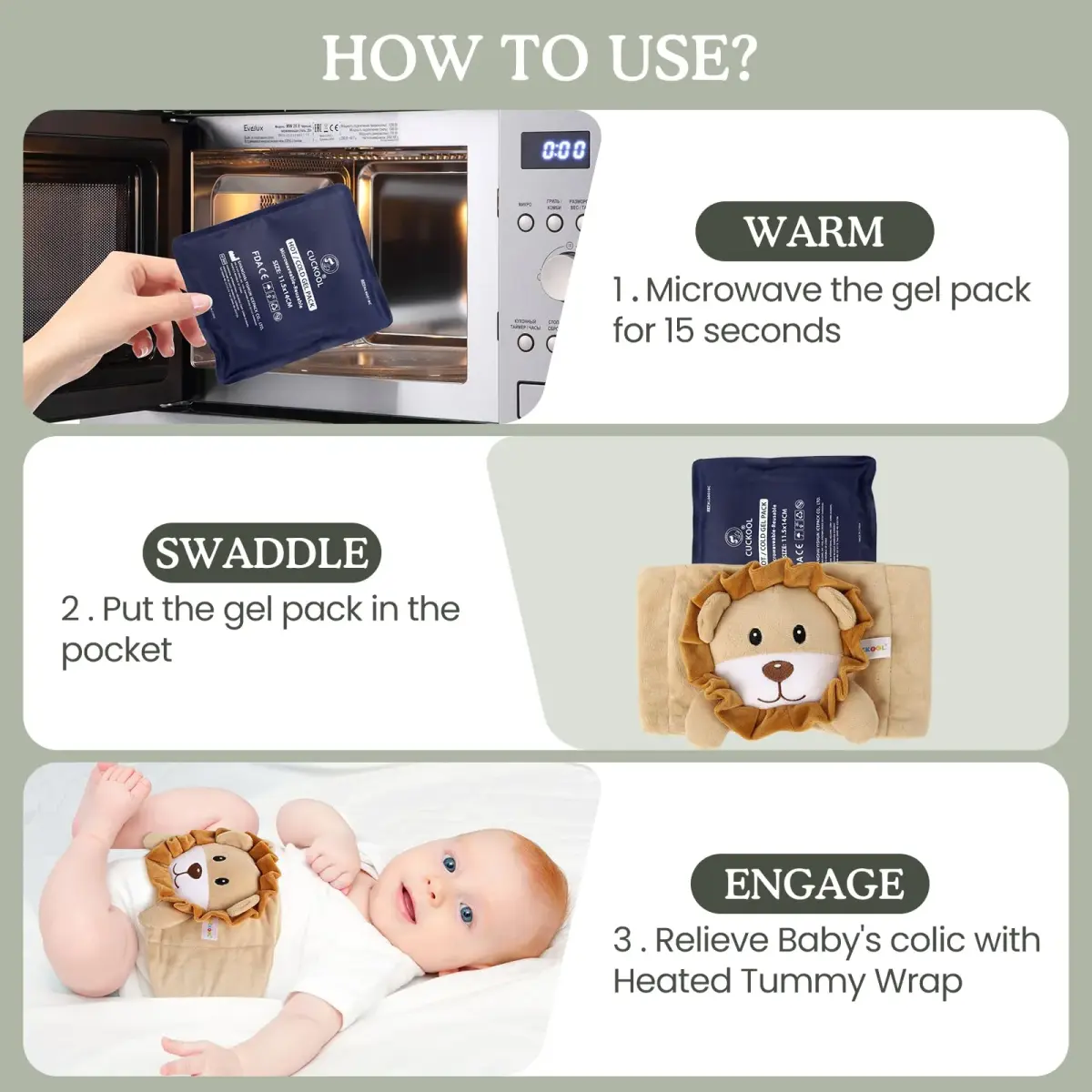 Cuckool Baby Colic & Gas Relief Heated Tummy Wrap (Lion, 15.5-22 Inch Waist) | Soothes Upset Stomach & Bloating - view 6