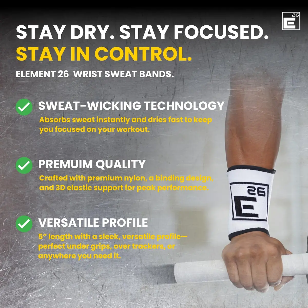 Element 26 Sweat Wicking Wrist Bands (4 Pack) - Sweat Absorbing for Men & Women, Large, Black - view 2