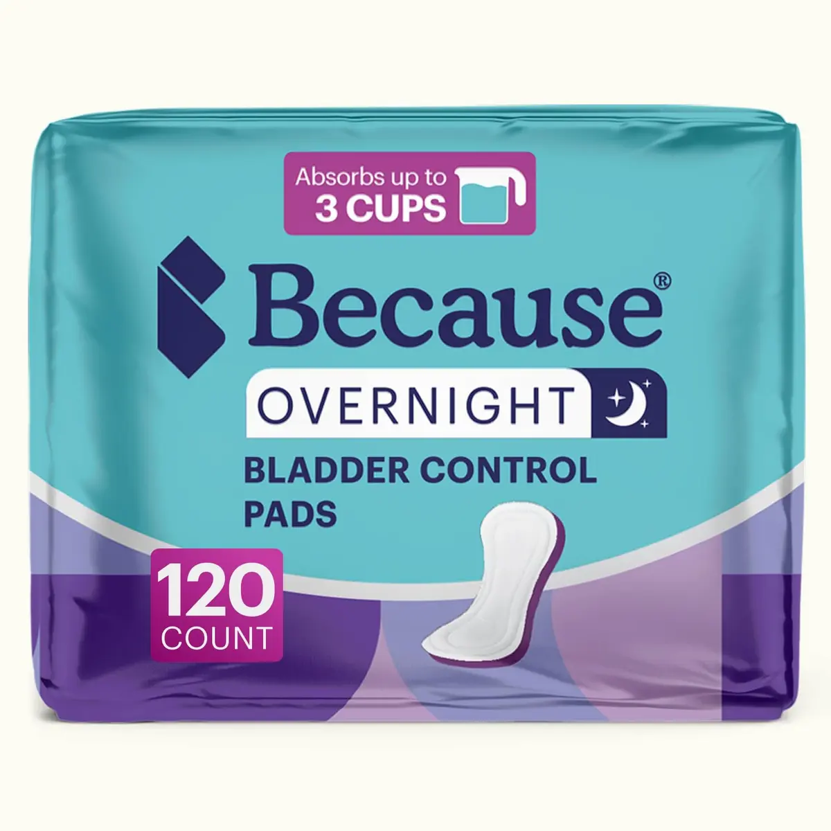Because Premium Overnight Incontinence Pads for Women - Extra Heavy Absorbency, 120 Count (6 Packs of 20) | Leak-Free Nighttime Protection - main product image