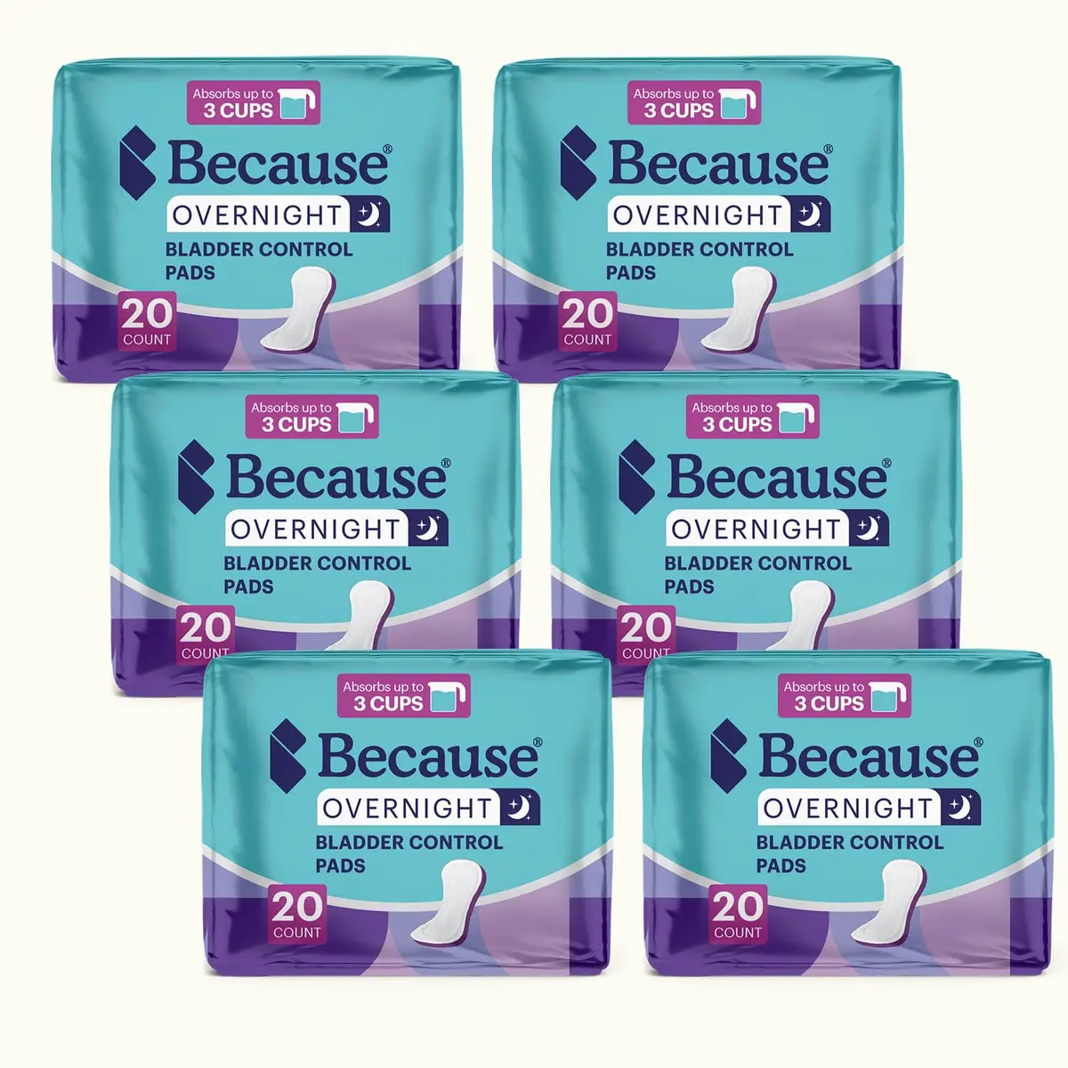 Because Premium Overnight Incontinence Pads for Women - Extra Heavy Absorbency, 120 Count (6 Packs of 20) | Leak-Free Nighttime Protection - view 2