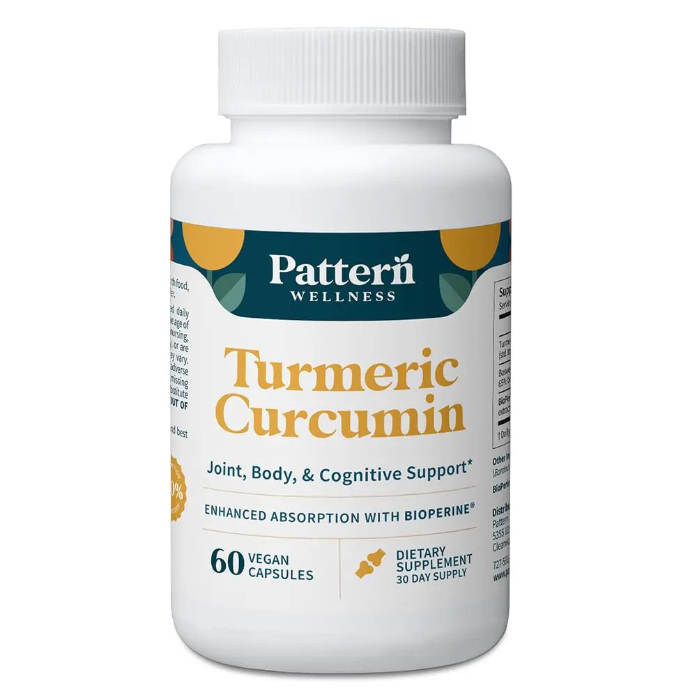 Pattern Wellness Turmeric Curcumin Supplement – 60 Capsules | 1300mg, 95% Curcuminoids, Bioperine for Absorption - main product image