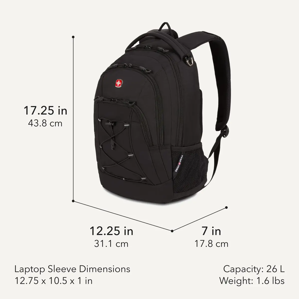 SwissGear Bungee Core Laptop Backpack | Fits Most 13-Inch Laptops, Airflow Back Panel, Reflective Accents, Bungee Cord System, Black, 26L - view 2