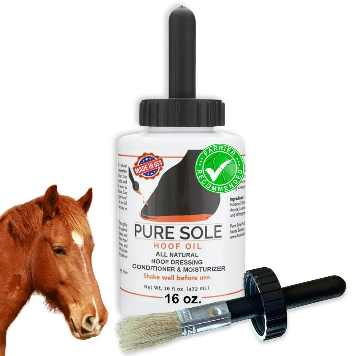 Pure Sole Hoof Oil - All Natural Horse Hoof Conditioner with Brush Applicator 16 fl oz | Strengthens & Moisturizes Hooves - main product image