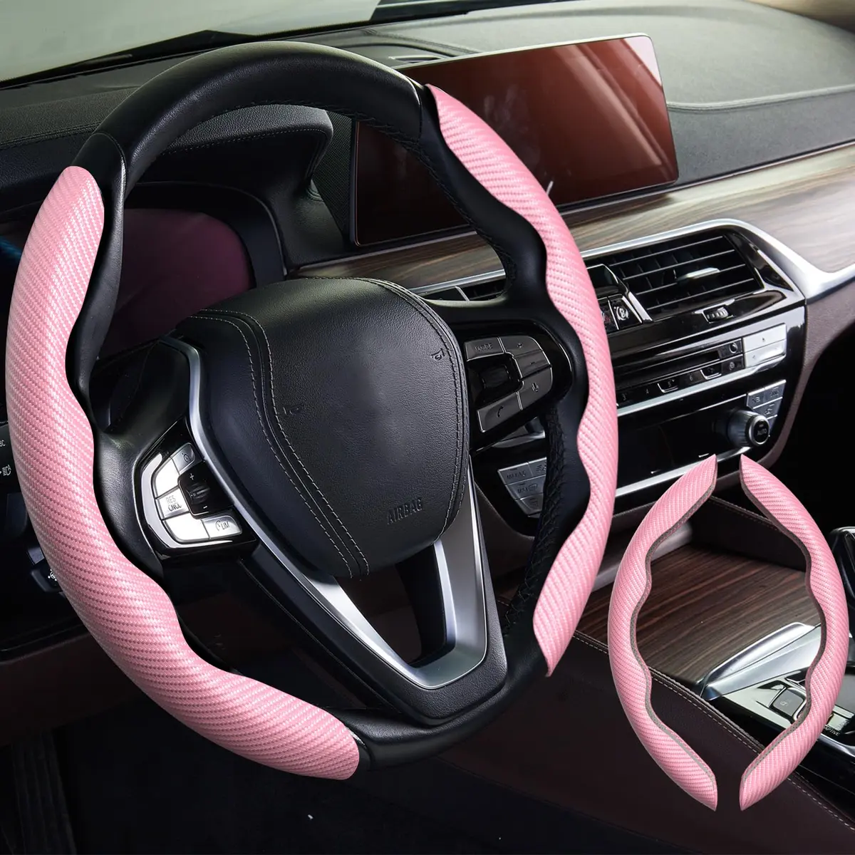 WOCOCN 2pcs Car Steering Wheel Cover, Anti-Skid Carbon Fiber, Pink | Breathable & Wear-Resistant - main product image