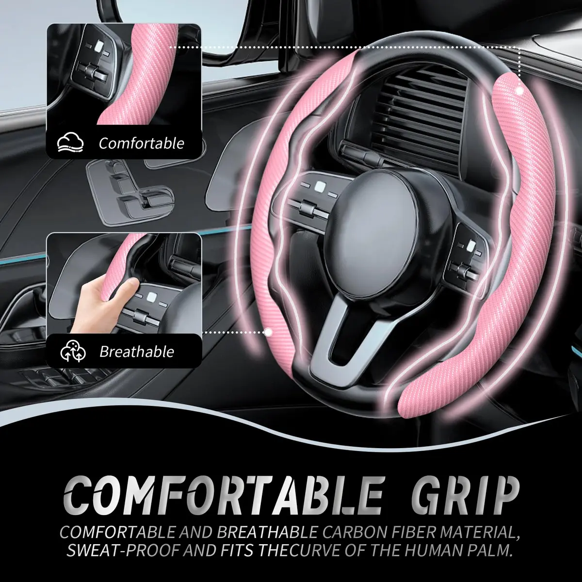 WOCOCN 2pcs Car Steering Wheel Cover, Anti-Skid Carbon Fiber, Pink | Breathable & Wear-Resistant - view 2