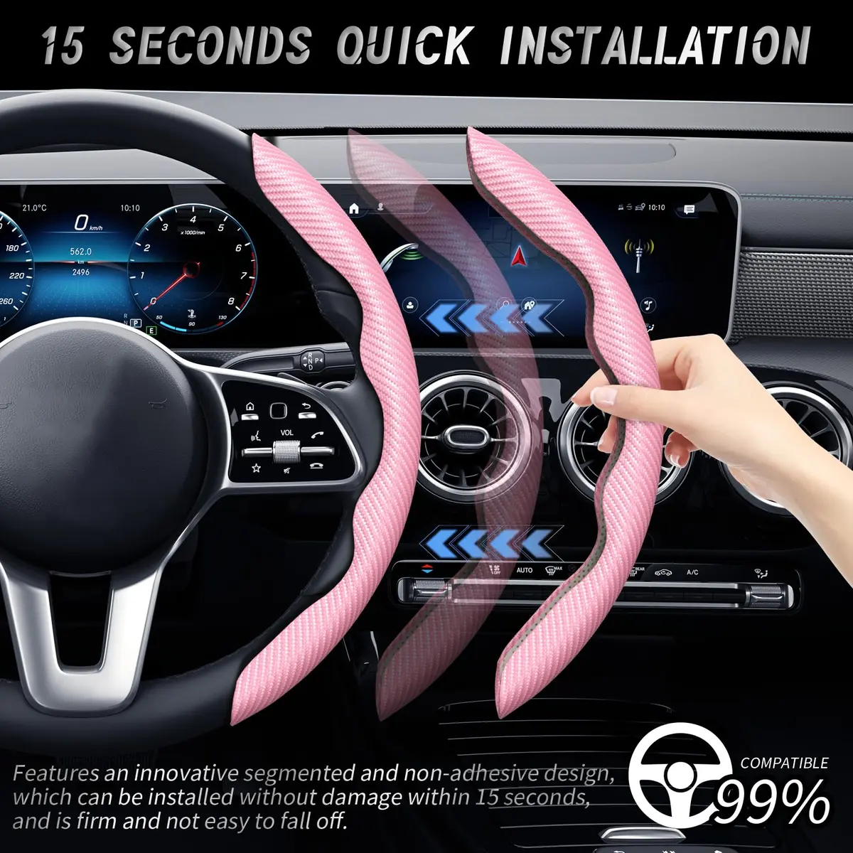 WOCOCN 2pcs Car Steering Wheel Cover, Anti-Skid Carbon Fiber, Pink | Breathable & Wear-Resistant - view 3