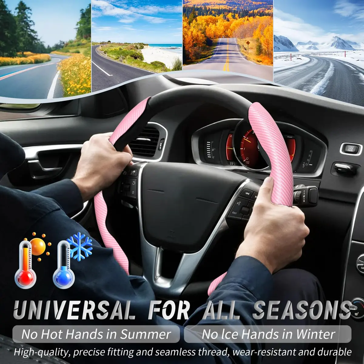 WOCOCN 2pcs Car Steering Wheel Cover, Anti-Skid Carbon Fiber, Pink | Breathable & Wear-Resistant - view 4