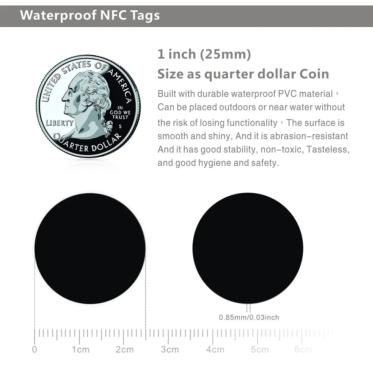 sanpopo Black NFC Tags NTAG215 NFC Cards 25mm (1 inch) Waterproof | Create Amiibo & Smart Device Links - view 3