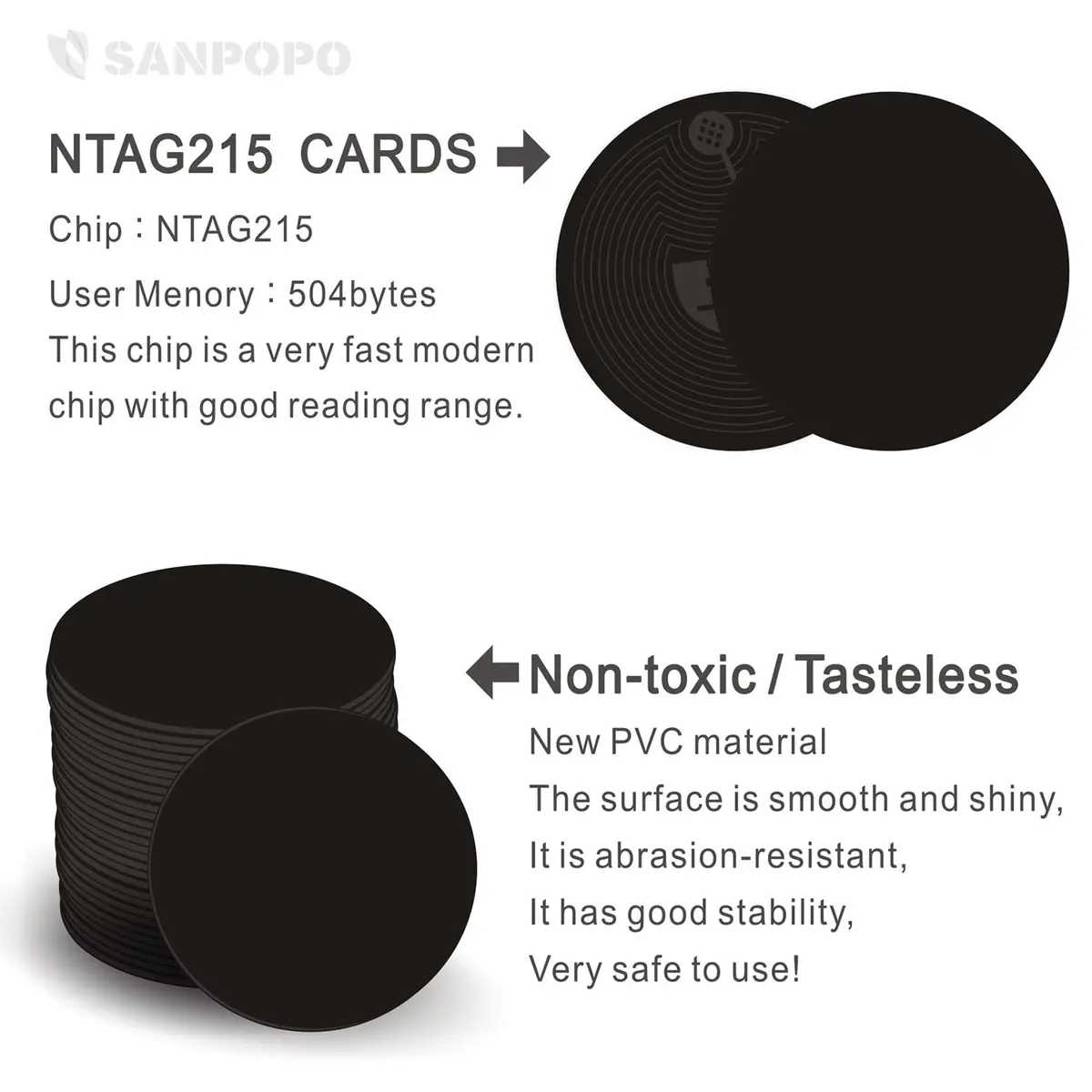 sanpopo NFC Tags Ntag215 50 pcs Waterproof Black | Programmable NFC Business Cards for iPhone & Android - view 4