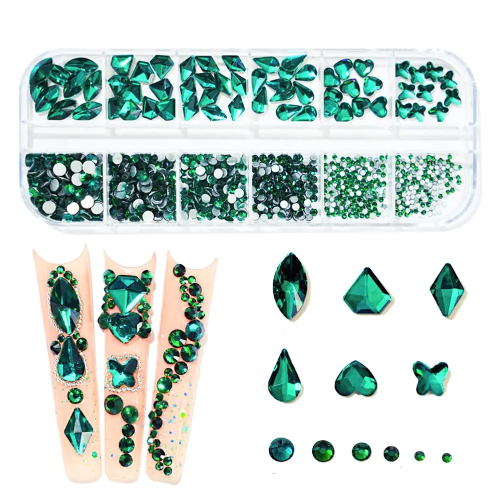 La Jolie Jasmin 735 Pieces Green Rhinestones for Nails | High-Quality Nail Art Crystals (735 pcs, Glass, AB Finish) - main product image