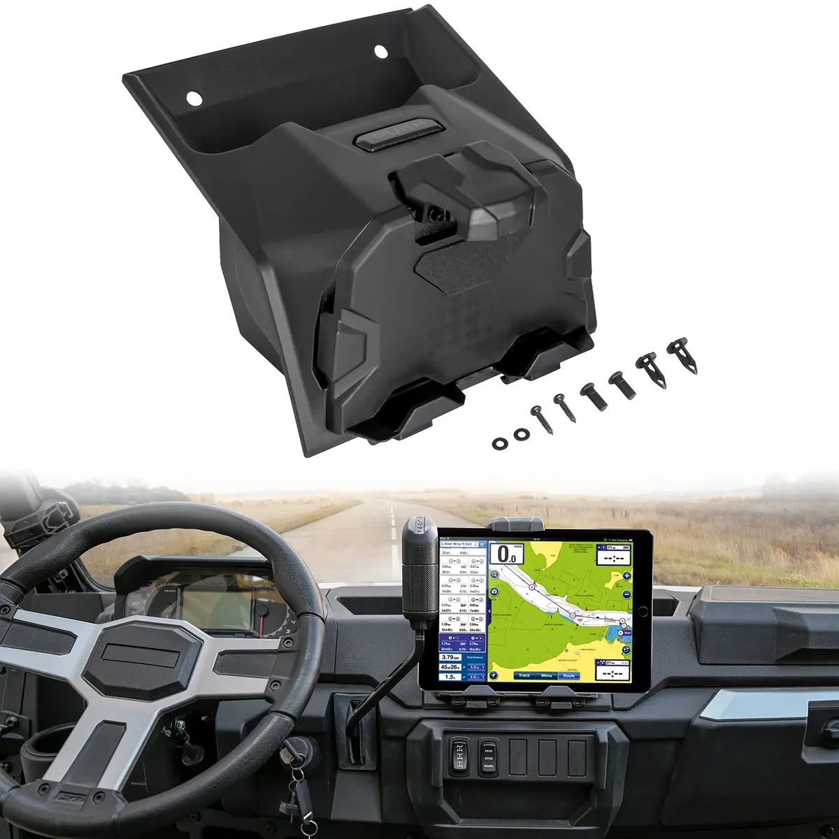 SAUTVS Tablet Mount for Polaris Ranger XP 1000/Crew 2018-2026 with Storage Box | Adjustable Dashboard Mount - main product image