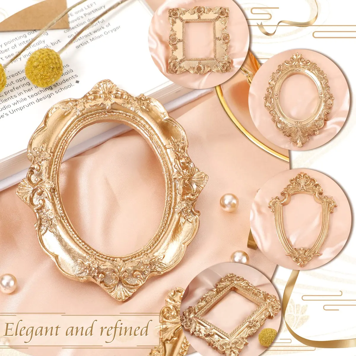 Yalikop Mini Vintage Gold Resin Picture Frames 5 Pcs (12.5 x 10.16 cm / 4.92 x 4 in) | Ornate Floral Carvings for DIY Craft Embellishments - view 7