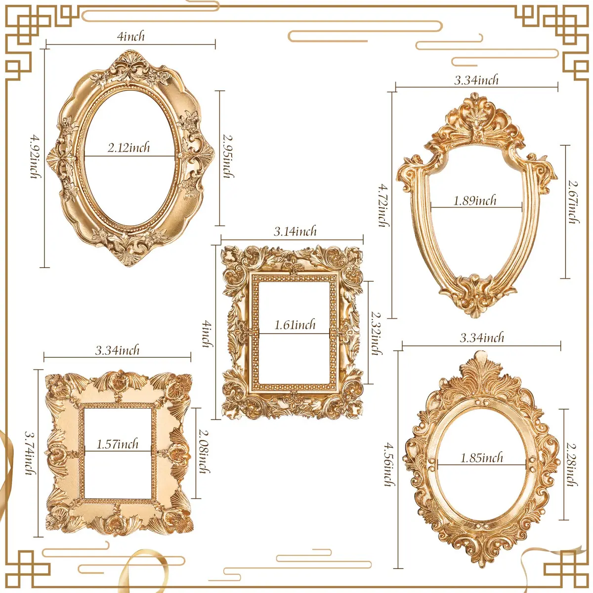 Yalikop Mini Vintage Gold Resin Picture Frames 5 Pcs (12.5 x 10.16 cm / 4.92 x 4 in) | Ornate Floral Carvings for DIY Craft Embellishments - view 3