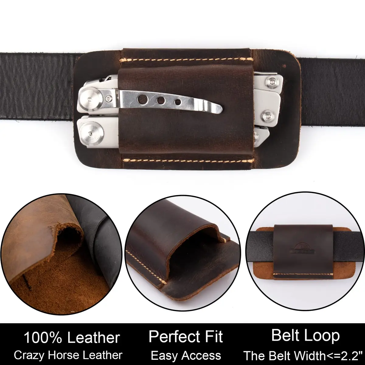 Topstache Handmade Leather Multitool Sheath for Belt, Horizontal Carry EDC Pocket Organizer for Men, Size M, Dark Brown | 12 cm (4.75") x 6.3 cm (2.5") - view 4