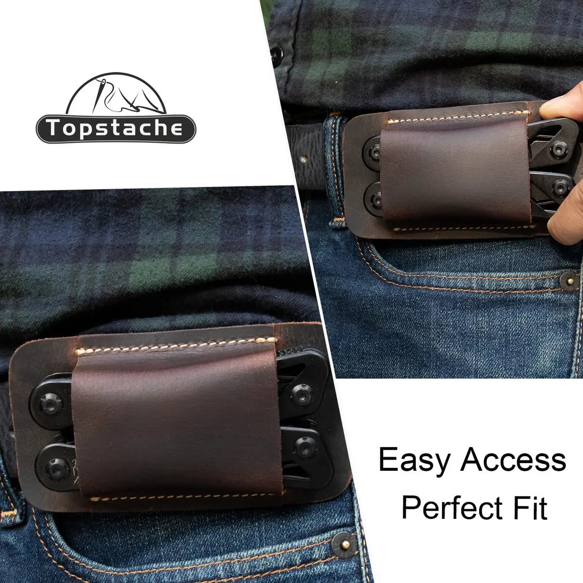 Topstache Handmade Leather Multitool Sheath for Belt, Horizontal Carry EDC Pocket Organizer for Men, Size M, Dark Brown | 12 cm (4.75") x 6.3 cm (2.5") - view 8