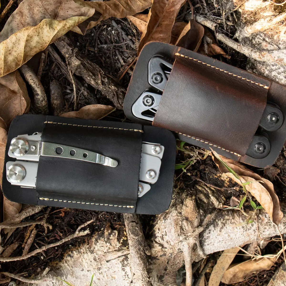 Topstache Handmade Leather Multitool Sheath for Belt, Horizontal Carry EDC Pocket Organizer for Men, Size M, Dark Brown | 12 cm (4.75") x 6.3 cm (2.5") - view 2