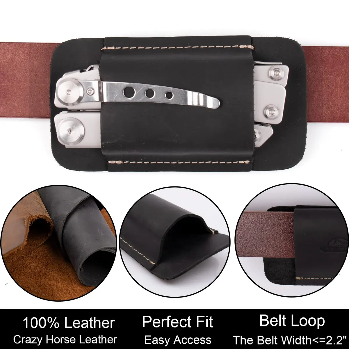 topstache Leather Sheath for Men | Handmade Multitool Holster, Horizontal Carry, Size M, Black - view 4