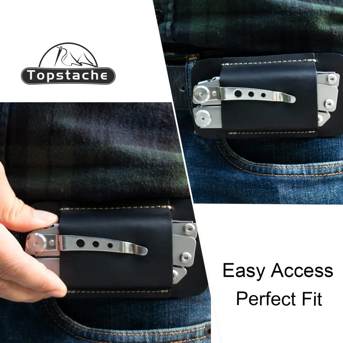 topstache Leather Sheath for Men | Handmade Multitool Holster, Horizontal Carry, Size M, Black - view 8