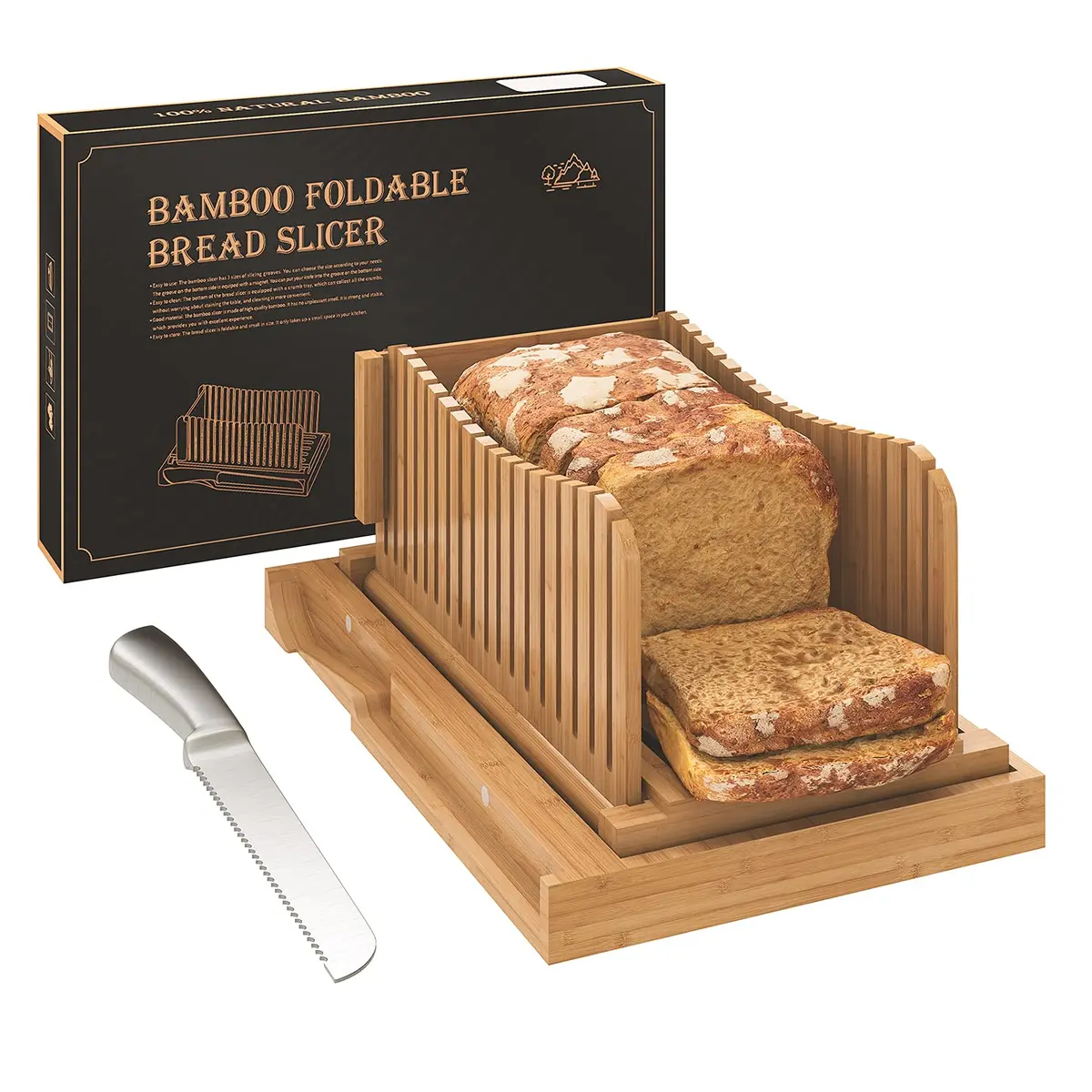 Vriccc Bamboo Bread Slicer with Serrated Knife | Adjustable Guide for 3 Thickness Sizes | Foldable Chopping Board with Crumb Tray (12.7"L x 7.1") - main product image