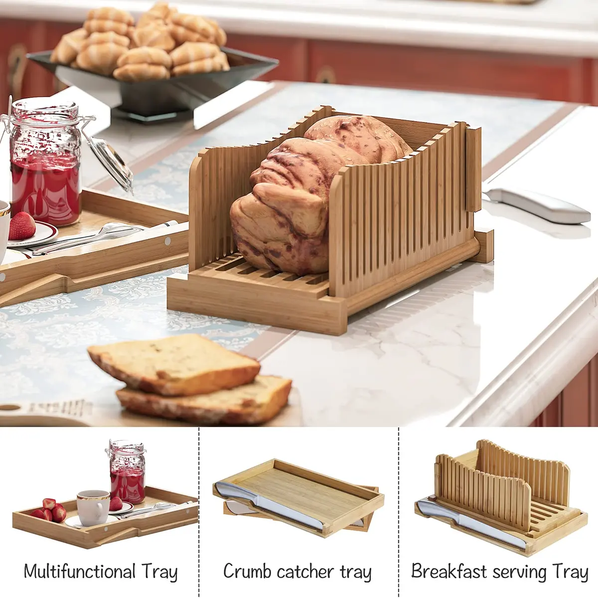 Vriccc Bamboo Bread Slicer with Serrated Knife | Adjustable Guide for 3 Thickness Sizes | Foldable Chopping Board with Crumb Tray (12.7"L x 7.1") - view 5