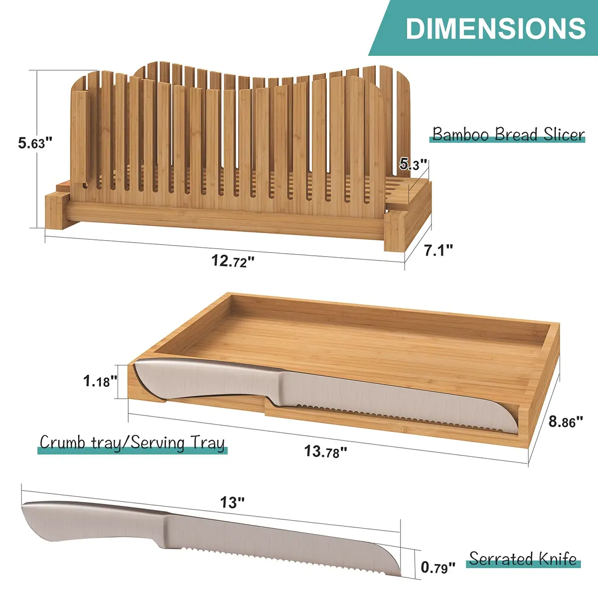 Vriccc Bamboo Bread Slicer with Serrated Knife | Adjustable Guide for 3 Thickness Sizes | Foldable Chopping Board with Crumb Tray (12.7"L x 7.1") - view 6