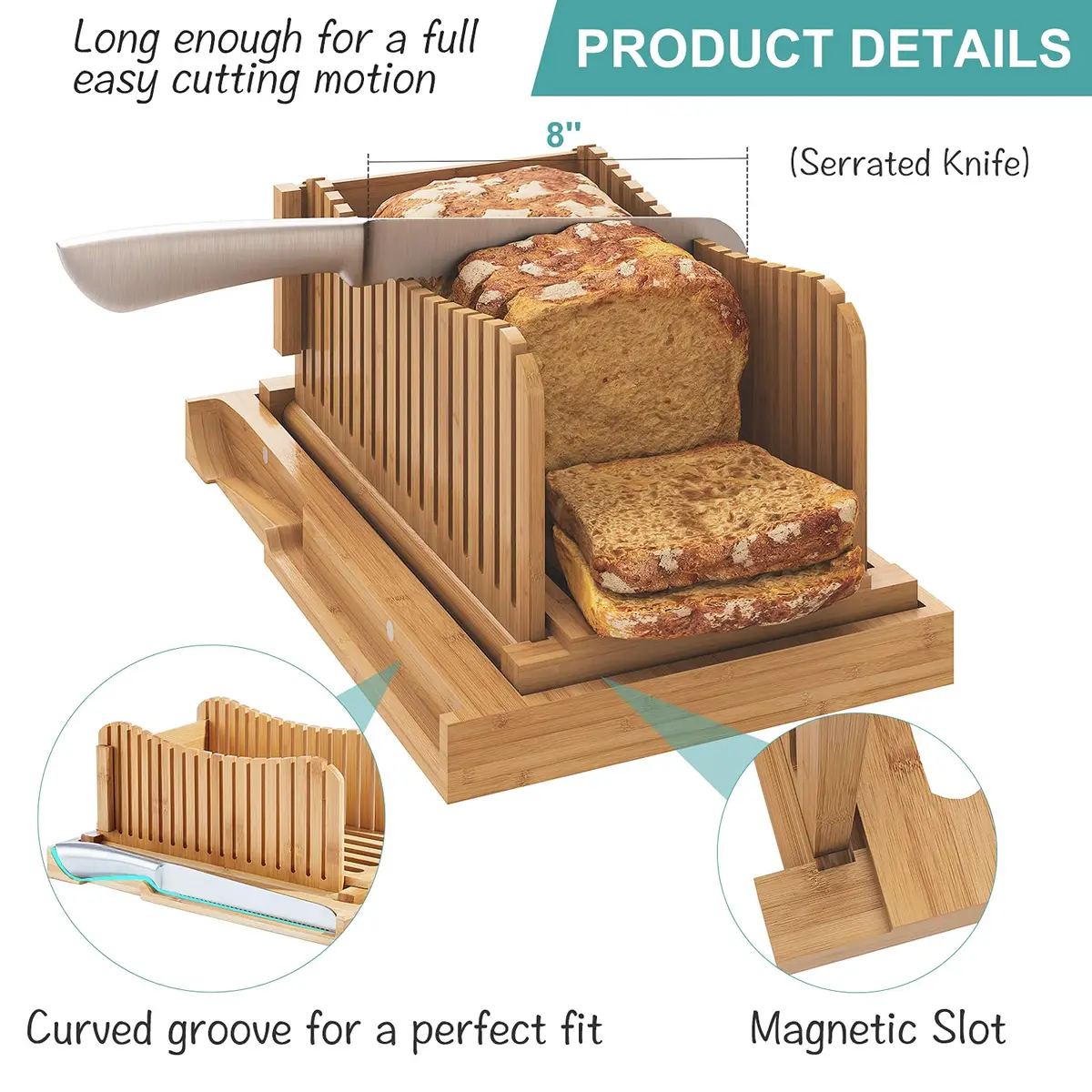Vriccc Bamboo Bread Slicer with Serrated Knife | Adjustable Guide for 3 Thickness Sizes | Foldable Chopping Board with Crumb Tray (12.7"L x 7.1") - view 3