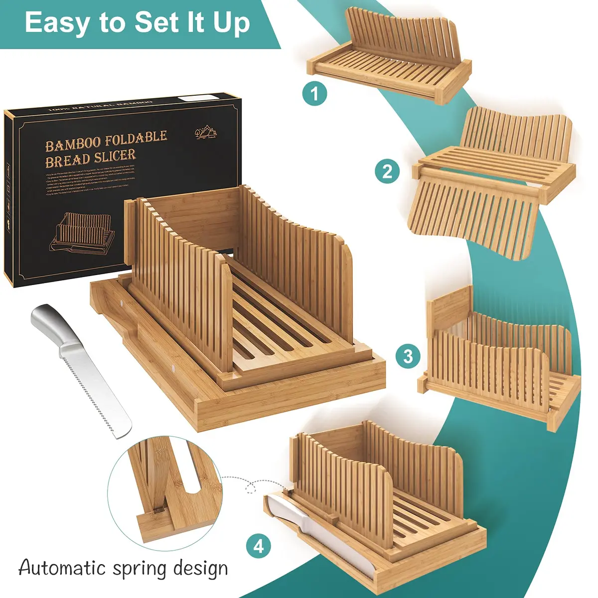 Vriccc Bamboo Bread Slicer with Serrated Knife | Adjustable Guide for 3 Thickness Sizes | Foldable Chopping Board with Crumb Tray (12.7"L x 7.1") - view 4