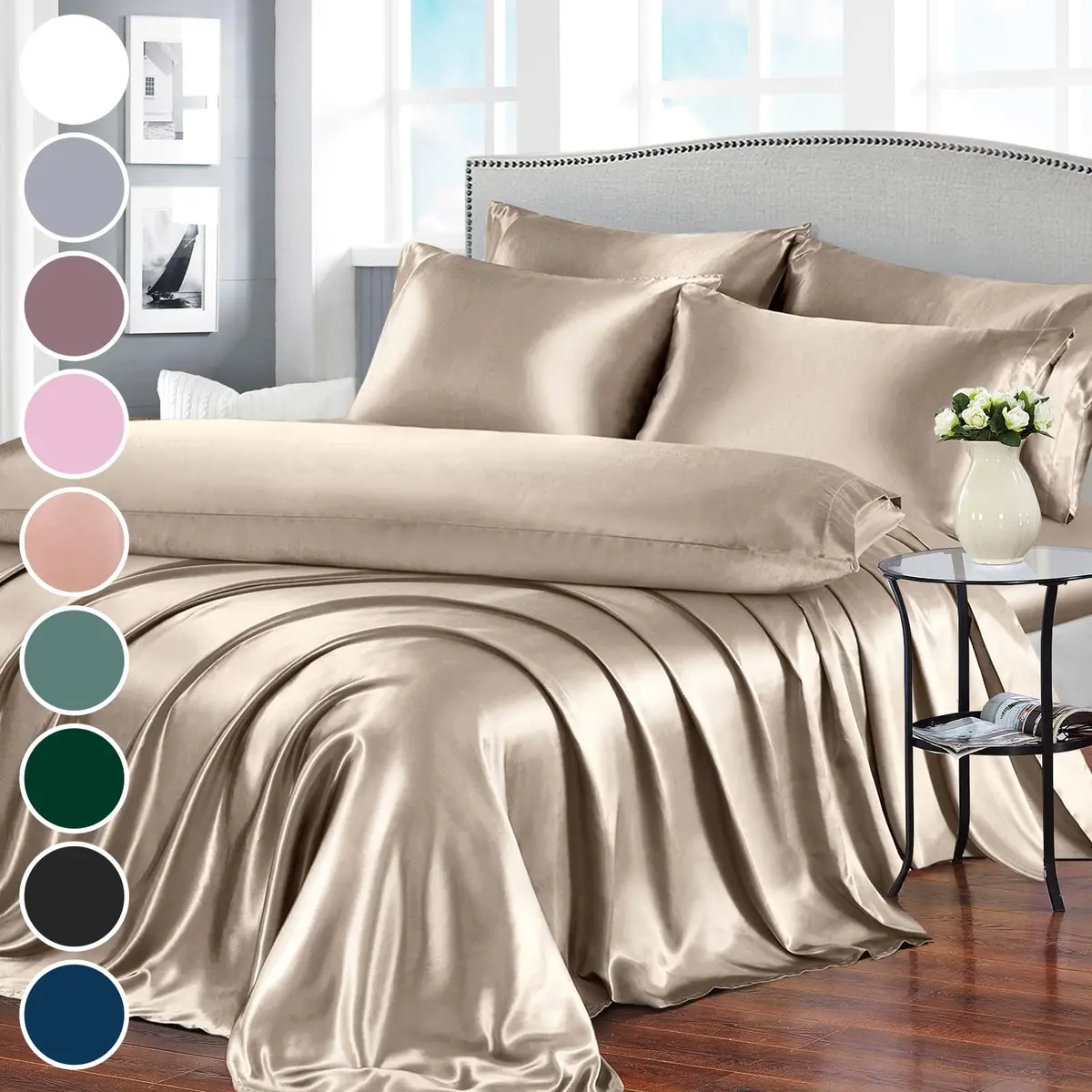 Homiest Taupe Queen Satin Sheet Set 7-Piece Deep Pocket | Silky, Wrinkle-Resistant, 100% Polyester - main product image
