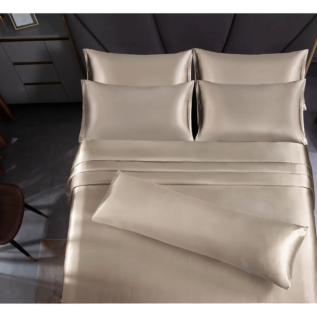 Homiest Taupe Queen Satin Sheet Set 7-Piece Deep Pocket | Silky, Wrinkle-Resistant, 100% Polyester - view 5