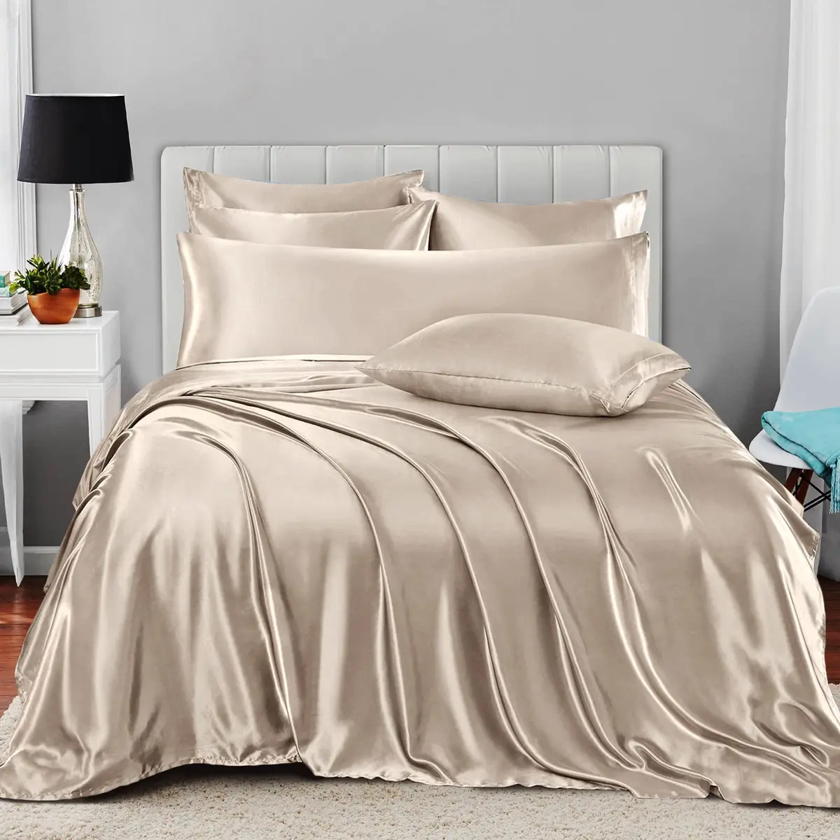Homiest Taupe Queen Satin Sheet Set 7-Piece Deep Pocket | Silky, Wrinkle-Resistant, 100% Polyester - view 2