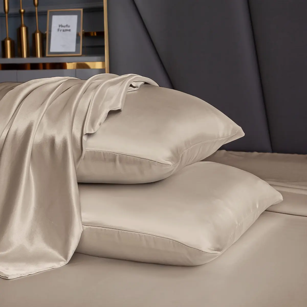 Homiest Taupe Queen Satin Sheet Set 7-Piece Deep Pocket | Silky, Wrinkle-Resistant, 100% Polyester - view 4