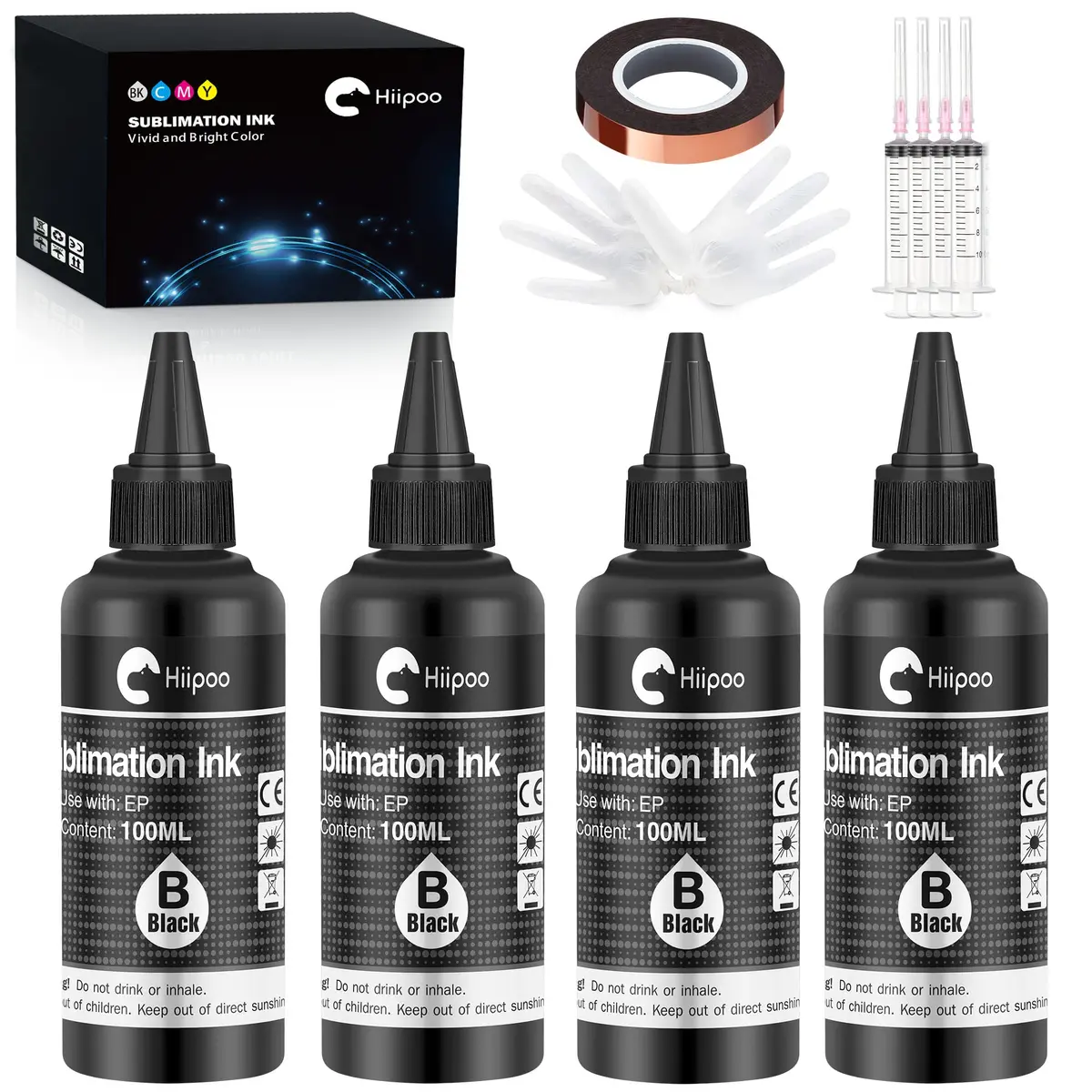 Hiipoo Sublimation Ink Refilled Bottles 4x100ml | Vibrant Colors for Heat Transfer (70-120 chars) - main product image