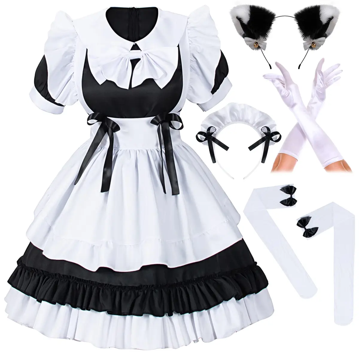 Irtysh Women Sweet Kawaii Costume Dress Anime French Maid Cosplay Furry Cat Ear Gloves Socks Set(Black XL) | Cute Lolita Maid Outfit - main product image