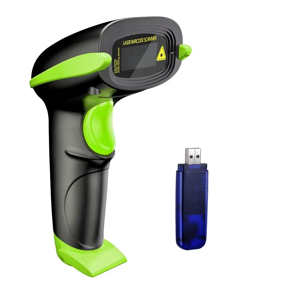 NADAMOO Wireless Barcode Scanner 328ft Transmission Distance, 1D Laser Automatic Barcode Reader with USB Receiver (Green, 1-Pack) - main product image