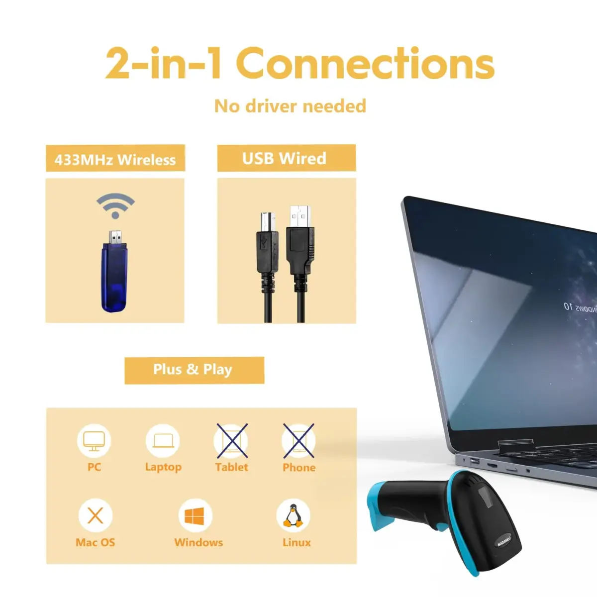 NADAMOO Wireless Barcode Scanner 100m Indoor | 2600mAh Battery, 30-Day Use, Blue - view 2