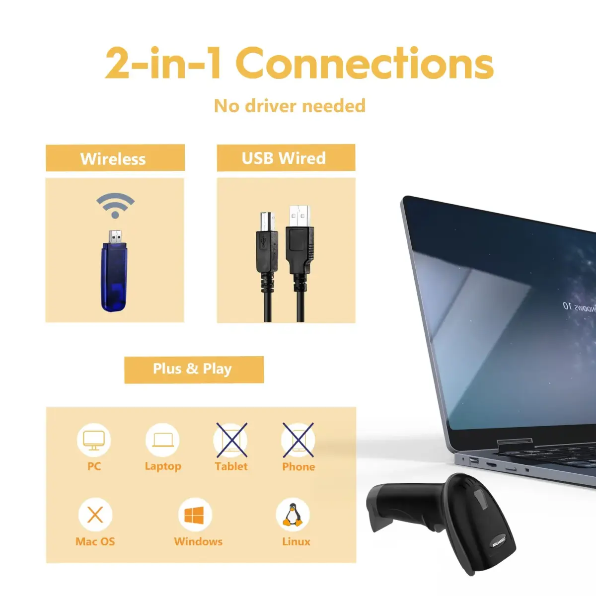 NADAMOO Wireless Barcode Scanner 328ft Transmission Distance | 1D Laser Automatic Barcode Reader with USB Receiver - view 2