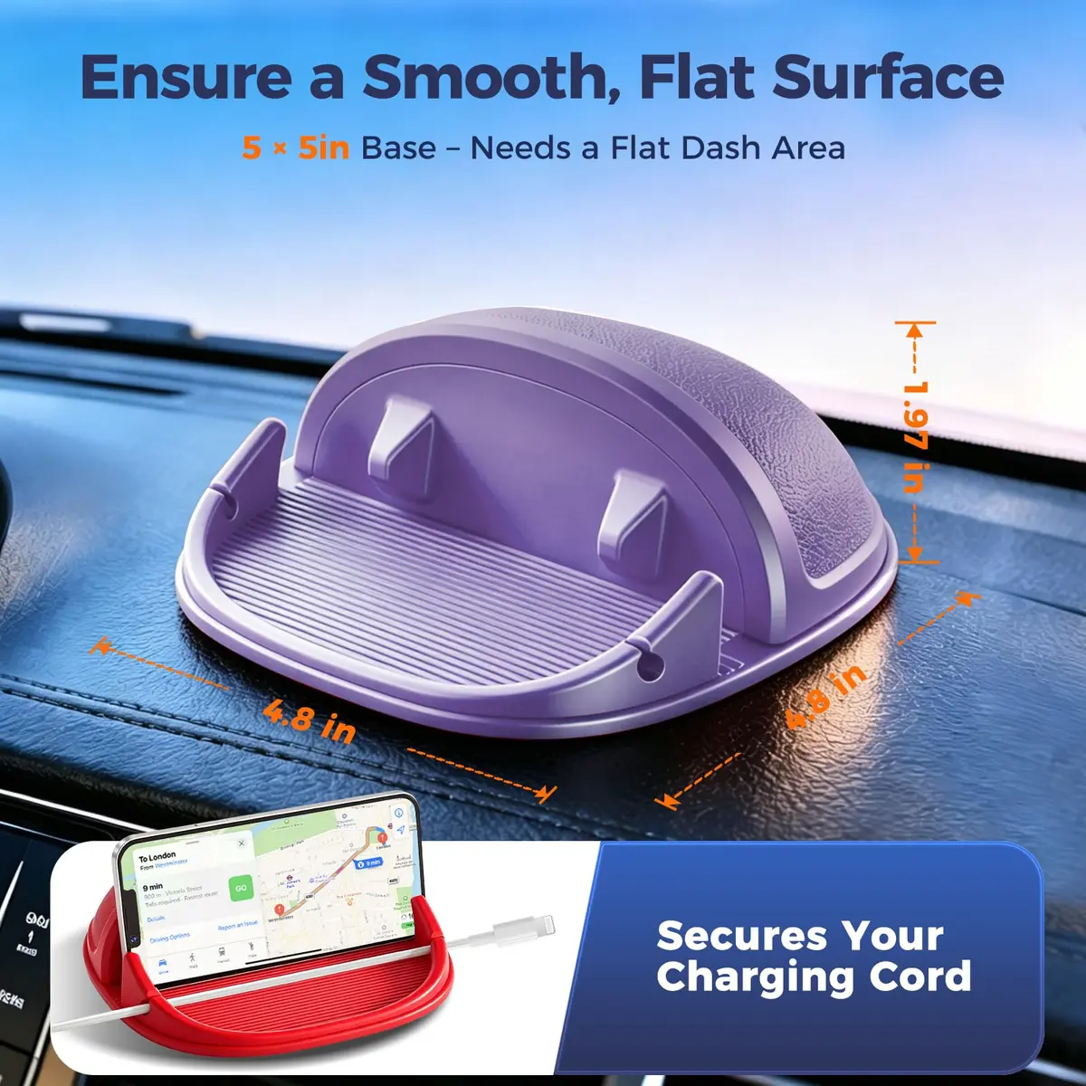 Loncaster Purple Silicone Car Phone Holder Mat | Slip-Free Dashboard Mount for Smartphones & GPS Devices (12.5cm x 12.5cm) - view 8