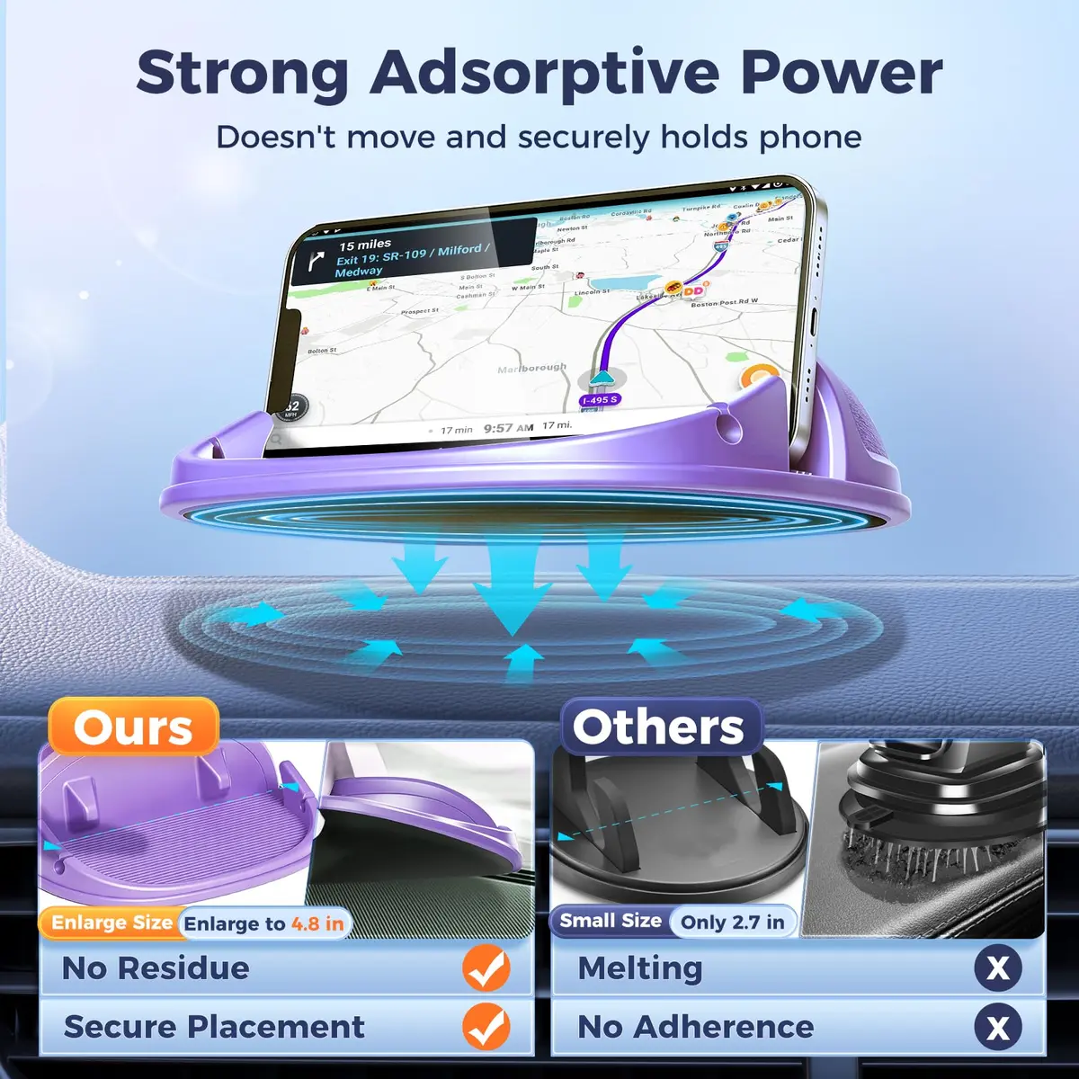 Loncaster Purple Silicone Car Phone Holder Mat | Slip-Free Dashboard Mount for Smartphones & GPS Devices (12.5cm x 12.5cm) - view 2