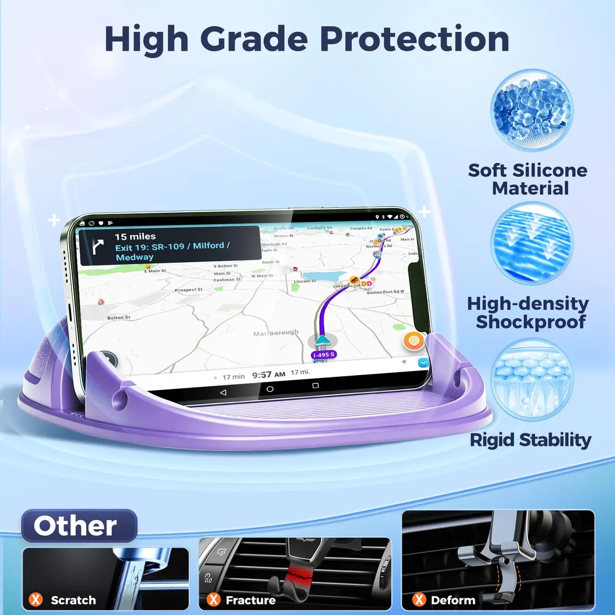 Loncaster Purple Silicone Car Phone Holder Mat | Slip-Free Dashboard Mount for Smartphones & GPS Devices (12.5cm x 12.5cm) - view 3