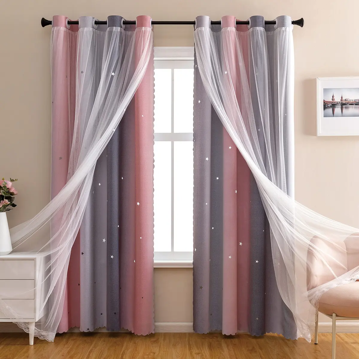 XiDi Pink and Grey Rainbow Curtains for Girls and Kids Bedroom 34"W x 72"L | Dreamy Starry Sky Effect - main product image