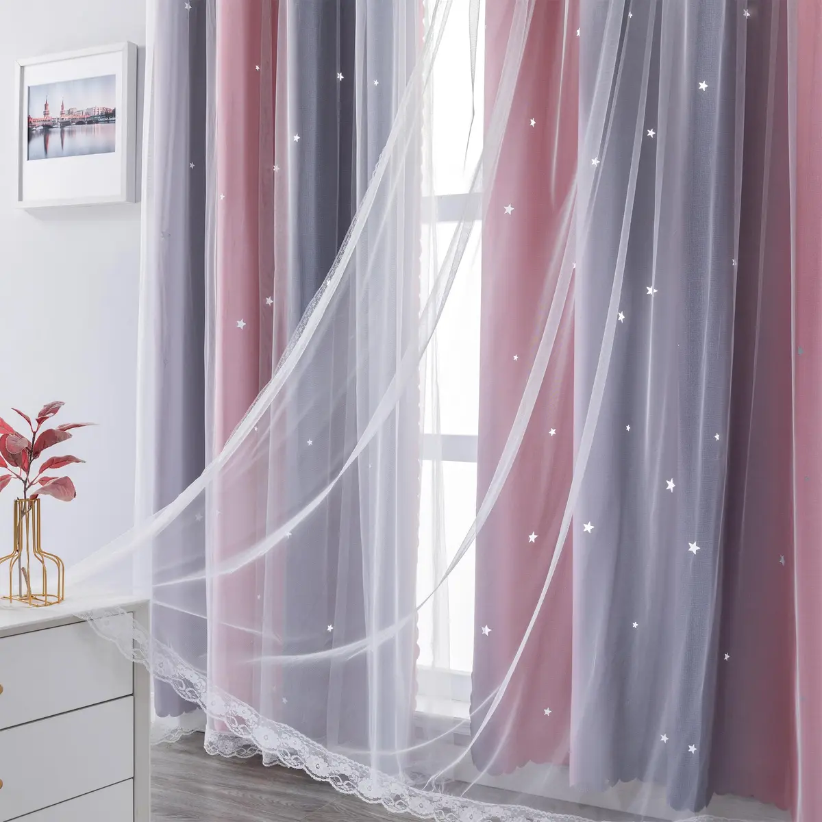 XiDi Pink and Grey Rainbow Curtains for Girls and Kids Bedroom 34"W x 72"L | Dreamy Starry Sky Effect - view 6