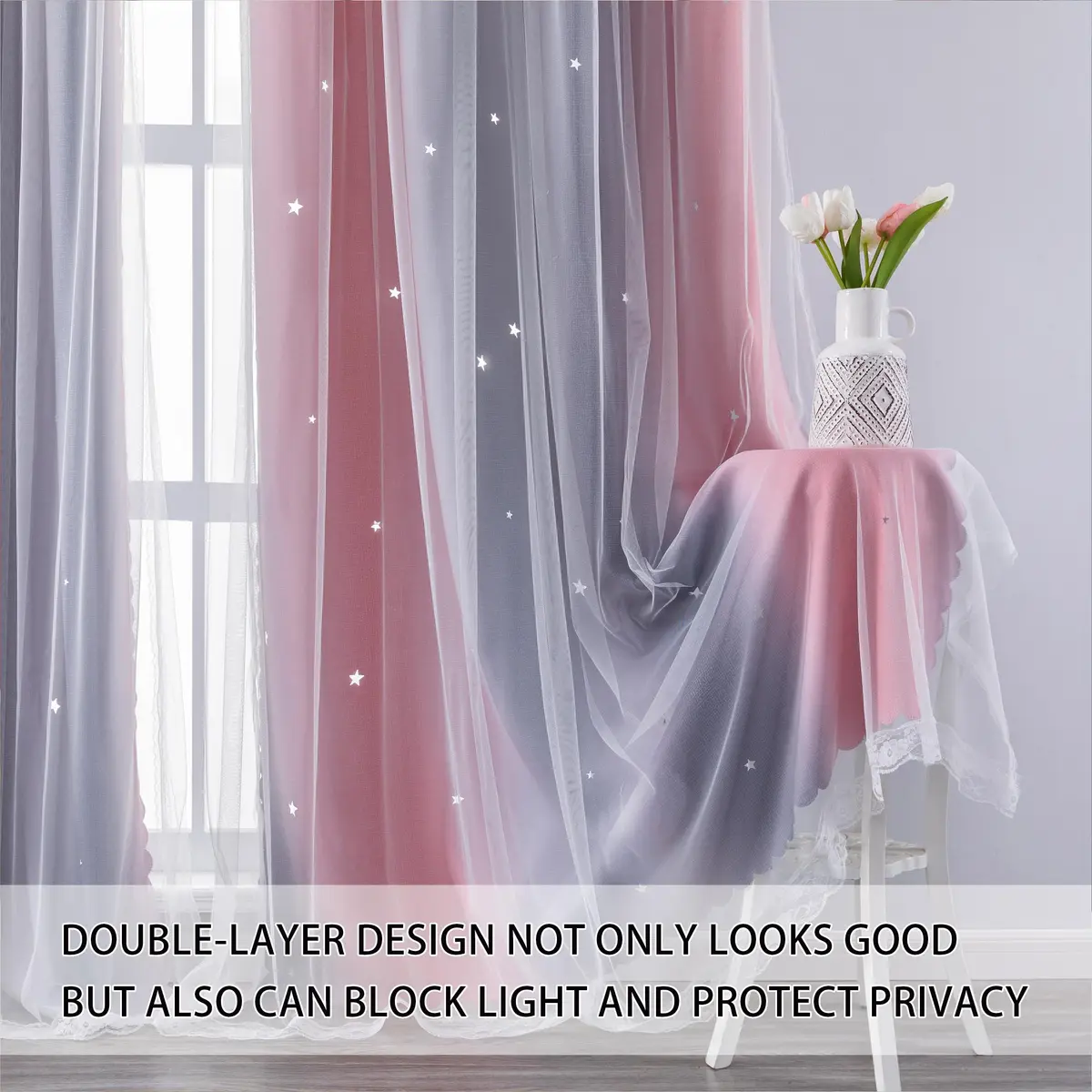 XiDi Pink and Grey Rainbow Curtains for Girls and Kids Bedroom 34"W x 72"L | Dreamy Starry Sky Effect - view 2