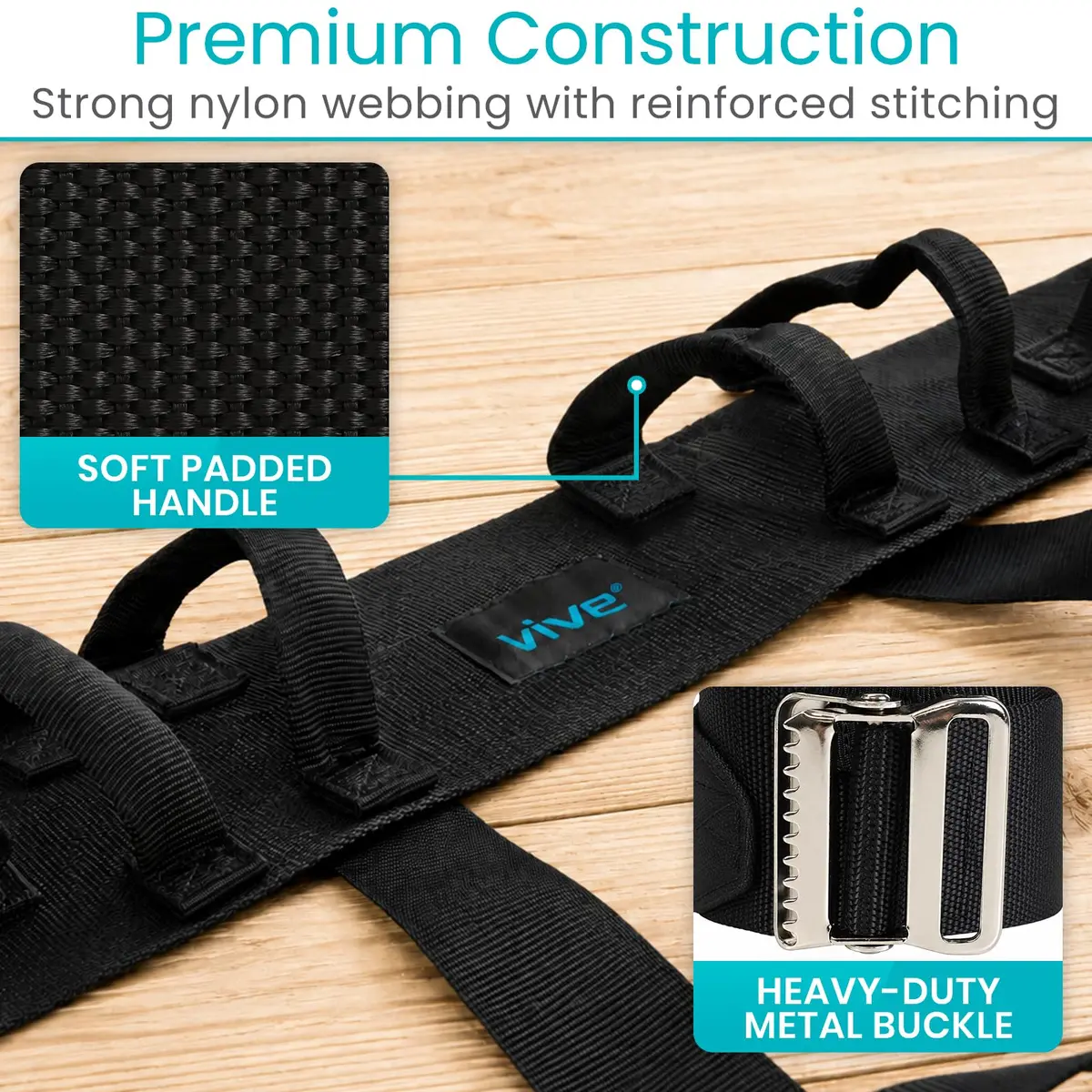 Vive Heavy Duty Transfer Belt with Leg Straps & Handles - 350 lb Capacity, Black - view 5